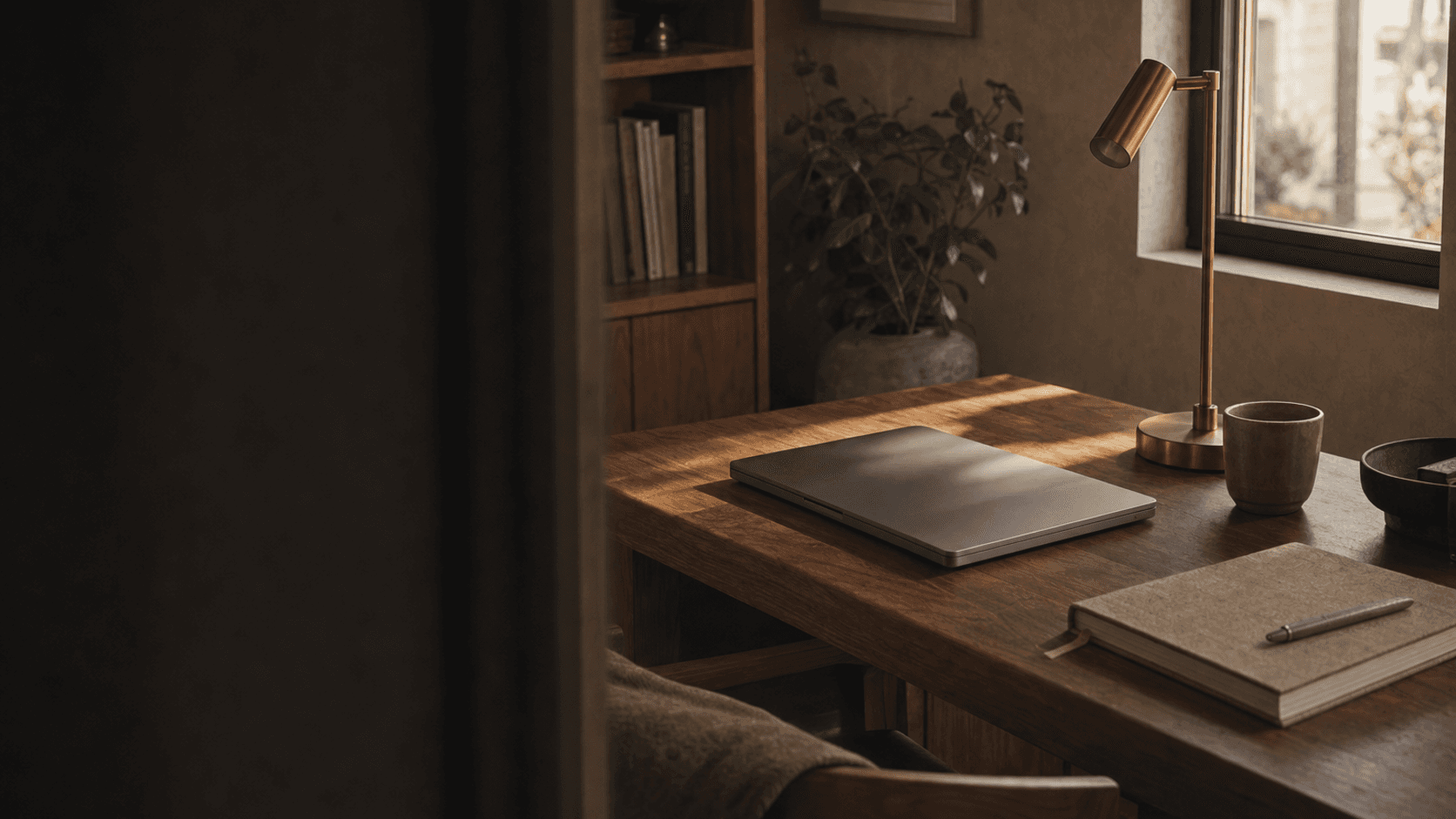 A closed laptop and notebook on a sunlit wooden desk