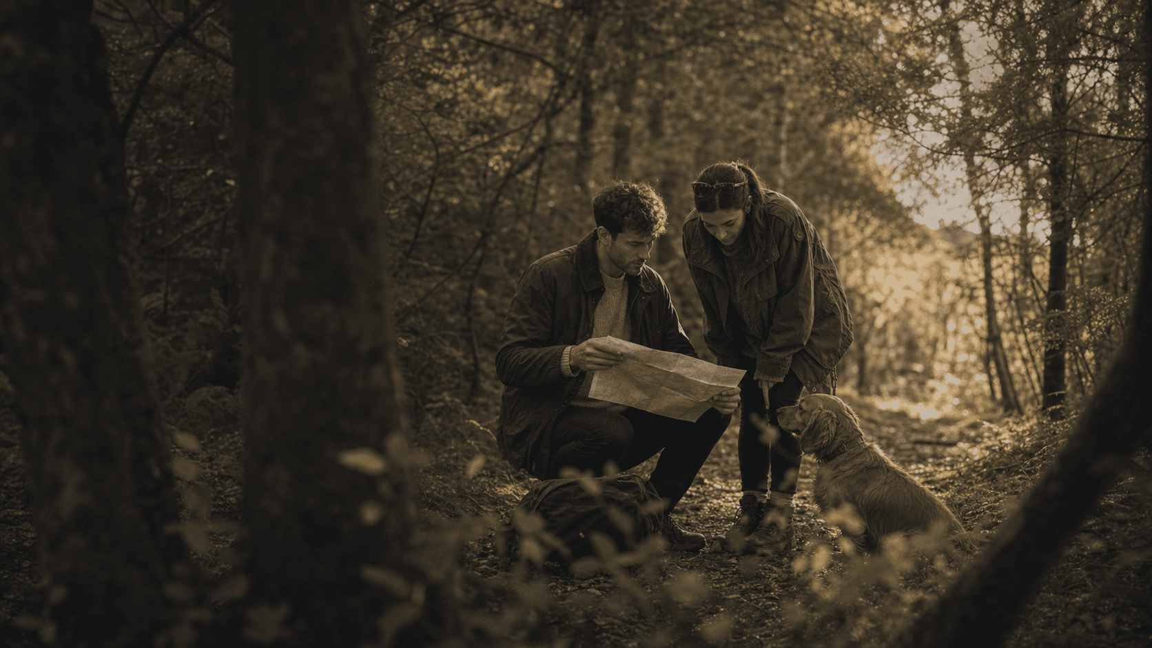 A couple and their dog checking a map on a woodland path
